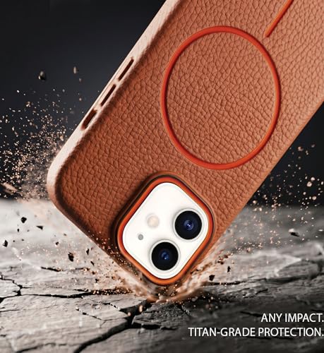 Image of amazon basics Luxury MagSafe Compatible Leather Texture Back Cover for iPhone 12 Pro | Raised Camera Protection | Slim Fit Shockproof Case with Metallic Accents (Orange)