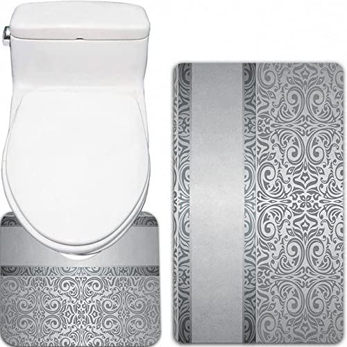 2-teilige rutschfeste Badematte,Damast Barock Damast Rundungen Rokoko Stil Motive Floral Renaissance Revival Design Grau… – Bild 5