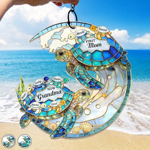 Personalized First Mom Now Grandma Suncatcher Turtle Stained Glass Window Hanging Custom Name Ornament Grandma Gift Family Names Beach Decor Gift