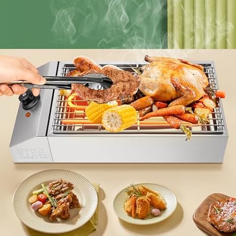 WUSILILU 1800W Commercial Electric Grill Indoor, Smokeless Stainless Steel Non-stick Portable Grill, Adjustable Temperature 50-150℃ Barbecue Oven Outdoor for Restaurant, Camping, Party 110V Cover