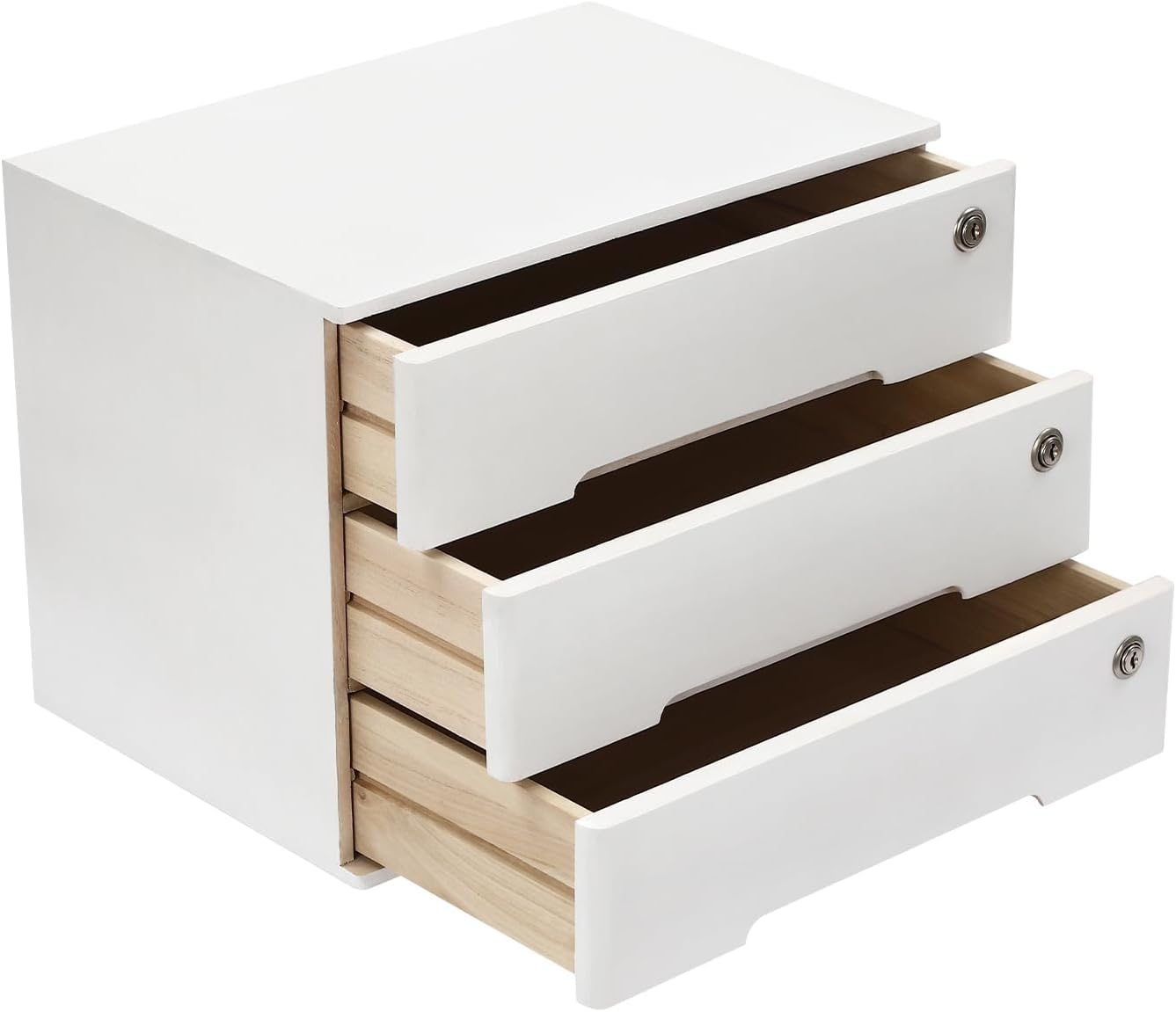 Organizer da Scrivania in Legno con Serratura E Cassetti - Elegante Contenitore da Scrivania per Articoli da Ufficio, Carta, Gioielli, per Organizzare Cassetti E Ripiani White 3 Tiers