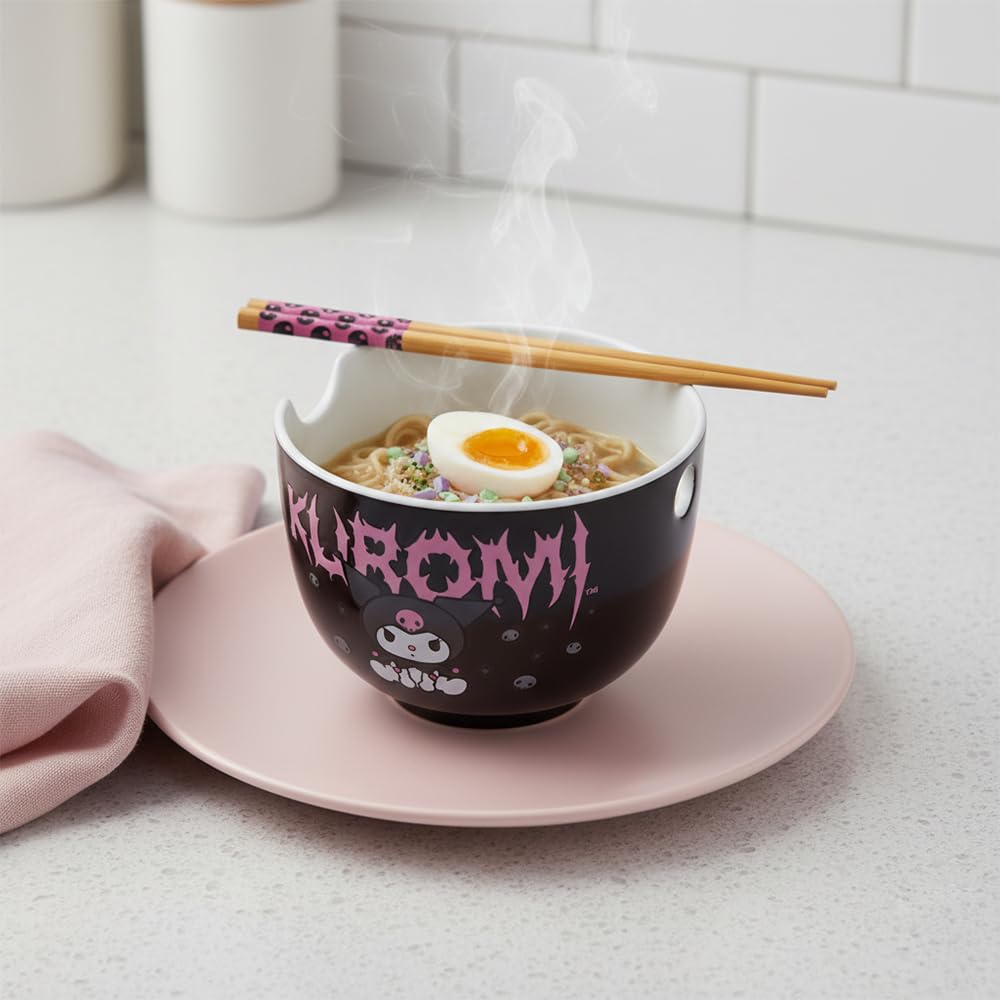 Silver Buffalo Sanrio Hello Kitty and Friends Kuromi Ceramic Ramen Noodle Rice Bowl with Chopsticks, Microwave Safe, 20 Ounces: Kuromi 20 Ounces (No Spoon)
