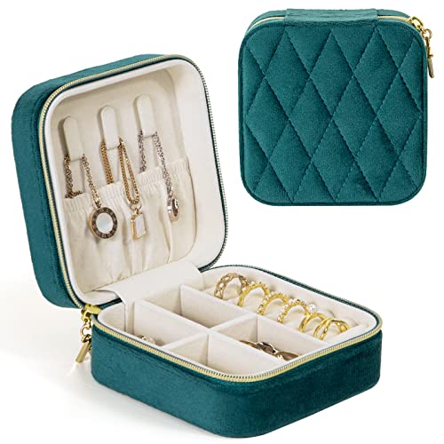 KAMIER Joyeros pequeños para mujer, estuche portátil de viaje, organizador de joyas de terciopelo de felpa para aretes, anillos, collares (azul pavo real)