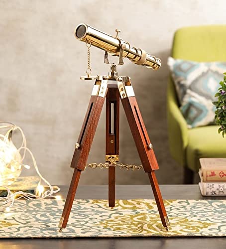 Exim Decor Brass Telescope with Wooden Stand Showpiece