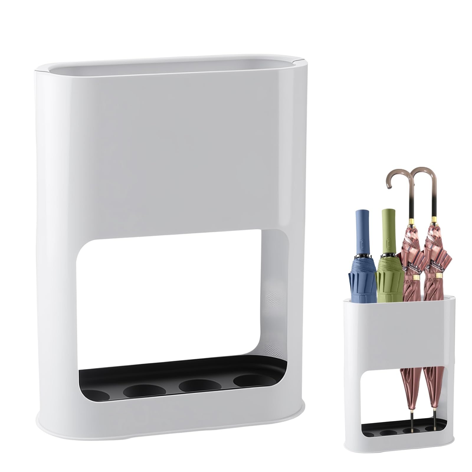 Portaombrelli in Plastica Bianco con Vassoio Antigoccia Rimovibile - Design Minimalista, Capacità 4 Ombrelli (Piccoli/Grandi), Dimensioni 28x22x9 cm - Ideale per Casa/Ufficio