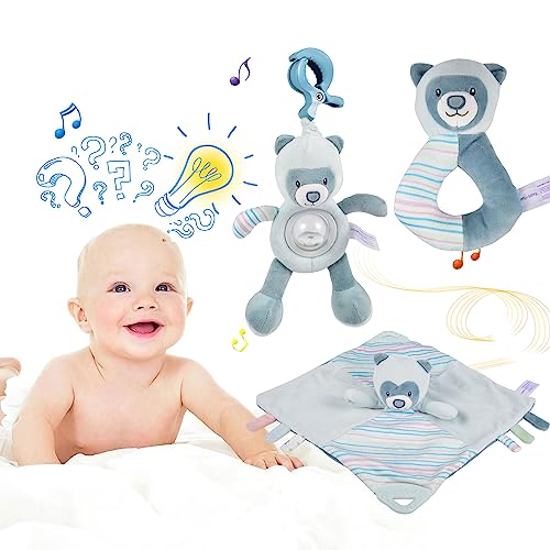 Itty-Bitty 3PCS Baby Rattle Travel Toy for Stroller, Car Seat or Activity Gym Features Jingle Sound and Adjustable Attachment Loop, Baby Newborn Sensory Toys Includes teether (Blue)