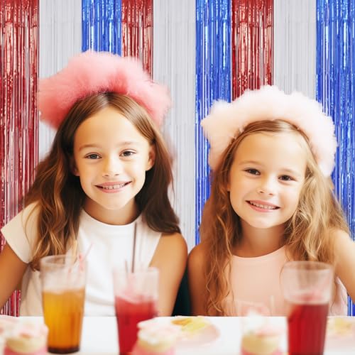Image of DECOCKRAT 3 Pack Foil Fringe Backdrop - Red&White&Blue Shiny Tinsel Curtains for Party Decoration /Photo Booth Props - 3.3x8.2 FT Metallic Foil Backdrop for Birthday, Wedding, Graduation, Christmas.