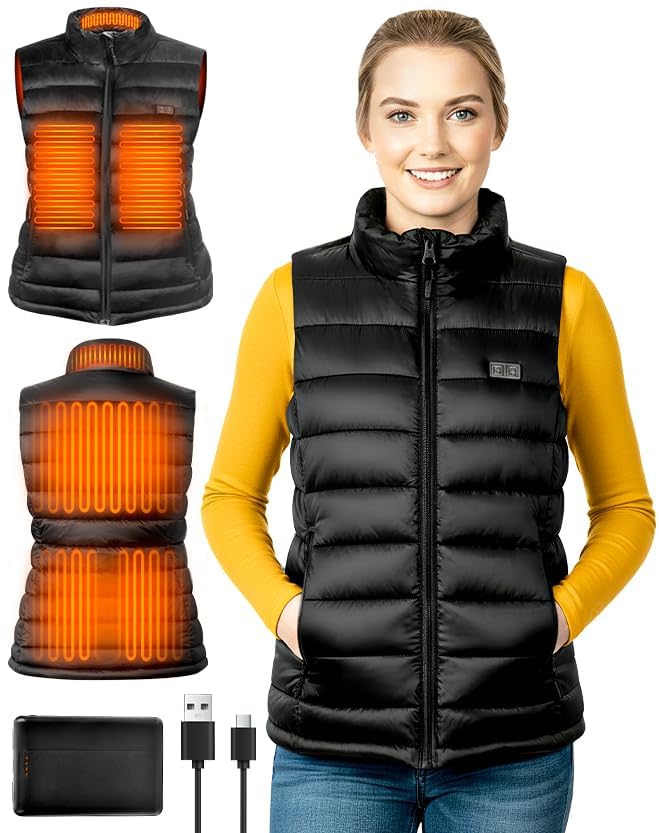 Onherm Heizweste Damen Mit Powerbank 10000mAh 5v, Elektrisch Beheizte Weste Damen Heizweste Jacke Mit 6 Heizzonen Und 3 Temperaturen,Für Skifahren, Outdoor-Arbeit, Motorradfahren