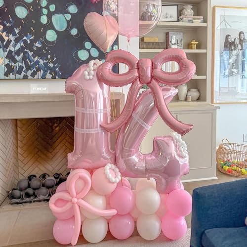 Image of 4 Pcs Pink Bow Balloons Bow Party Decorations for Girl Women Pink Bow Birthday Decorations Giant Foil Balloon for Baby Shower Bridal Engagement Wedding Decor Bachelorette Party Supplies