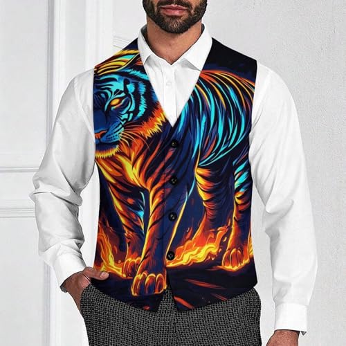 Tiger with Glowing Neon Men's Formal Suit Vest for Business Formal Or Casual Dress Waistcoat Wedding2