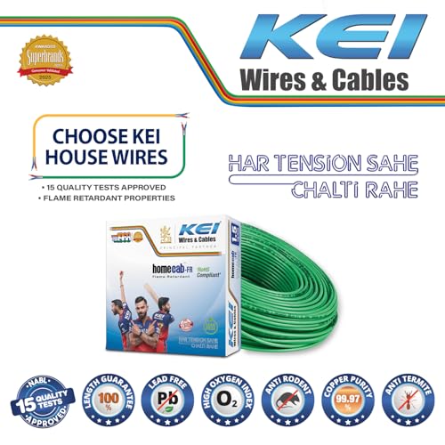 Image of KEI WIRES & CABLES Homecab 1.5 sqmm 1 Core Copper Flame Retardant House Wire PVC Insulated Cable for Domestic & Industrial Electrical Wiring (Green, 90 Meters)