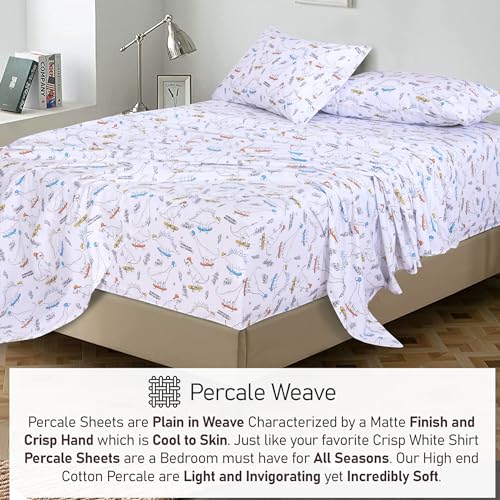 RUVANTI 100% Cotton Sheets Queen Size Set, 4 Pieces, Soft & Breathable Percale Weave Bedding, Deep Pocket 16", Hotel Standard, Crisp Cool Feeling, Durable, Perfect Floral Bed Sheet, Dino