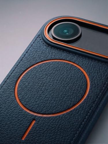 Image of amazon basics Luxury MagSafe Compatible Leather Texture Back Cover for iPhone 17 Air | Raised Camera Protection | Slim Fit Shockproof Case with Metallic Accents (Dark Blue)