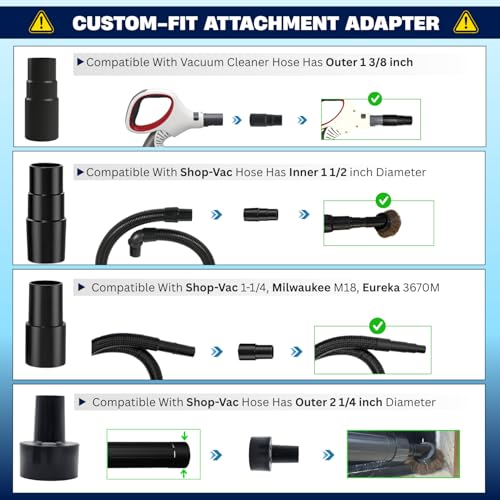 Image of Vacuum Attachments & Brushes for Shop-Vac with Hose Adapter - Vacuum Attachments Compatible with Shop-Vac Hose 2-1 /2'' & 1-1 /4'' - Horse Hair Dust Brush, Upholstery Tool, Crevice Tool and More