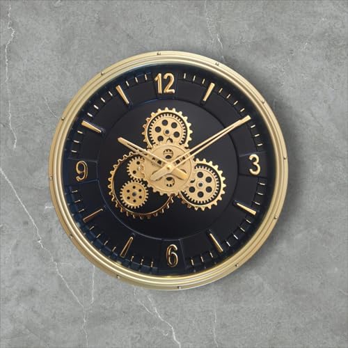 Image of Decorative Moving Gear Wall Clock, Black and Gold, Steampunk Style, Round Dial with Exposed Gears