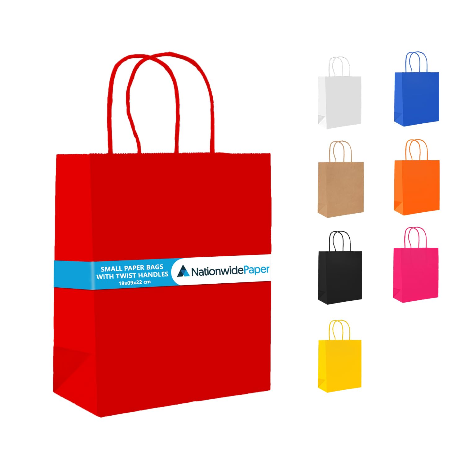 Nationwide Paper 50 Small Red Paper Party Bags Present Bag Kraft Paper Bags with Handles, Thick Kraft Bag for Kids, Present, Candy, Cookie, Celebrations, Baby Shower, Birthday (18x9x22cm) — image 1