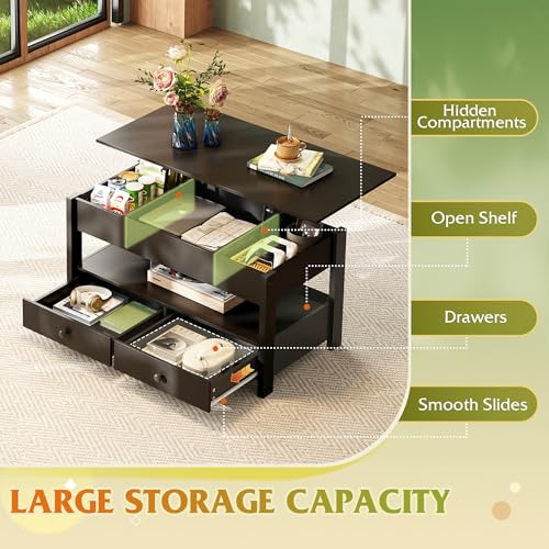 Image of WLIVE Lift Top Coffee Table with 2 Drawers, Large Storage, Black