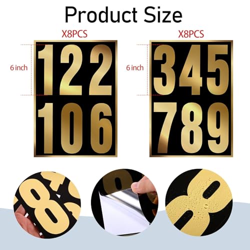 Image of Tenare 96 Pcs Vinyl Number Stickers 0-9 Reflective,6 Inch,Gold in Black | Waterproof Self Adhesive for Mailbox Address, Door Signs, Trash Cans, Trucks, Outdoor Home Business Use, Durable Vinyl