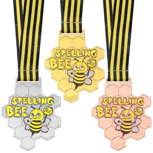 Remuuly 3 Pcs Spelling Bee Honeycomb Medals 1st 2nd 3rd Spelling Bee Trophy Award Medals with Neck Ribbon for Kids Adults Competitions Prizes Party Supplies Decorations 3.2 x 2.8 Inches (Classic)