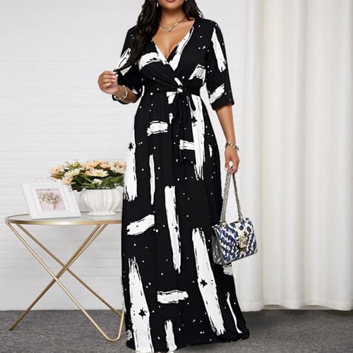 Image of CaniBtr Maxi Dresses for Women Plus Size 3 /4 Sleeve Long Dress with Belt | Versatile plus-size maxi dress,wrap v-neck + waist tie craft soft glamorous looks easily for everyday casual outings