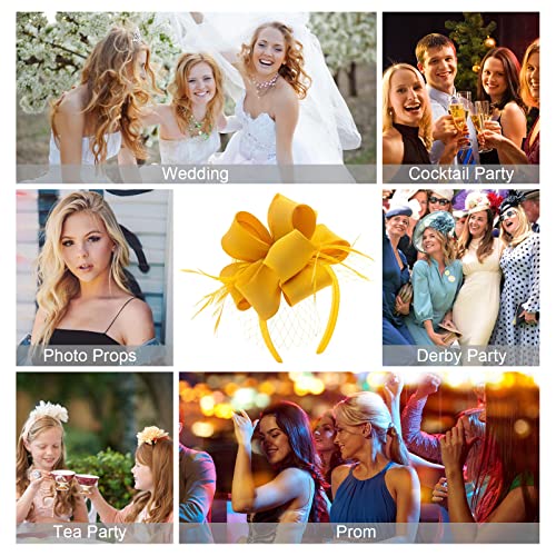 Myjoyday Women's Fascinators Hat For Tea Party Church Cocktail, Feathers Veil Headband With Hair Clip (Gold) #TOP6