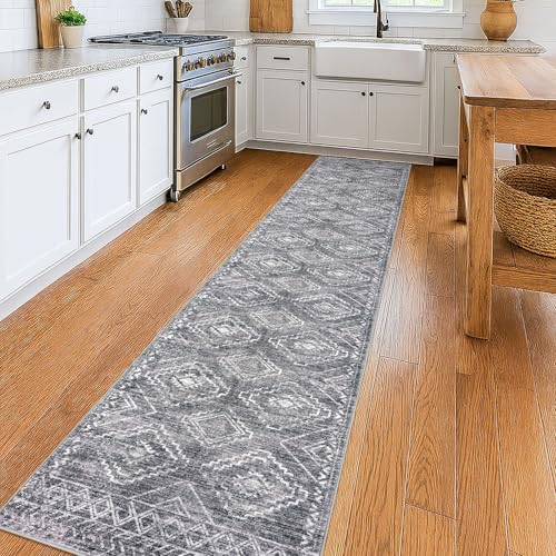 KILOCOCO Hallway Runner Rug 2'x10' Runners for Hallways Washable Runner Rug Non Slip Rubber Backed Low-Pile Runners for Bedroom Kitchen Living Room Laundry Room Boho Rugs, Grey