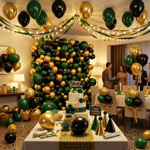 Image of Hiquaty Green and Gold Balloons,60pcs 12 Inch Green and Black Balloons