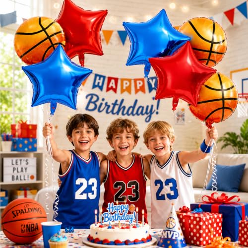 Image of Rozi Decoration Sport Theme Birthday Basketball Foil Balloons Set - 5 Pcs Basketball for Kids and Adults Party Celebration | Volleyball Theme Birthday Decoration