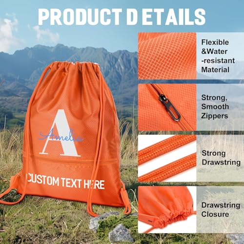 Custom Drawstring Bags Bulk With Logo, 1 Pack Personalized Text String Backpack with Zip Pocket for Gym, Sports, Events, Travel and Daily Use,White3