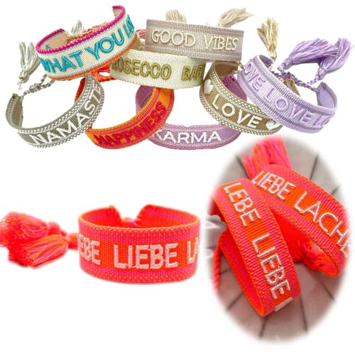 LS-LebenStil Exklusives Statement Armband - das Original - Lebe Liebe Lache Neon Orange 16-20cm Quasten besticktes Boho Canvas Webarmband Damen Freundschaftsarmband Geschenk gewebt textil Stoffarmband