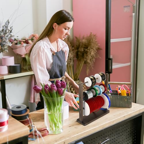 Image of Wooden Ribbon Organizer Rack,Large Capacity Ribbon Holder, Ribbon Spool Stand, Washi Tape Organizer, Wooden Sewing Organizer Display Shelf for Craft Room,Cake Shop,Flower Store (3 TIer - Brown)