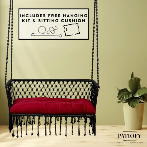 Image of Patiofy Double Seater Swing Chair with Arm Rest /Hanging Hammock Swing Chair for 2 People /Jhula for Adults / 2 Seater Swing for Balcony /Hanging Kit & Cushion Included- Black