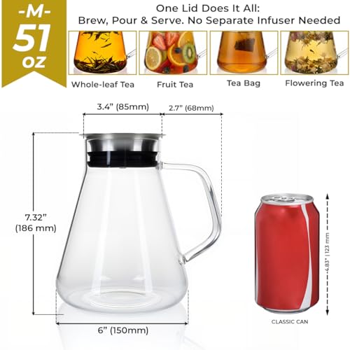 Aquach 51oz Glass Teapot with Smart Filter Lid - Stovetop & Dishwasher Safe, Plastic-Free Tea Kettle for Hot & Iced Tea, Borosilicate Glass Pot with Stainless Steel Lid - Image 4