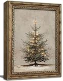 Gold Framed Wall Art Vintage Christmas Tree Canvas Print Neutral Farmhouse Winter Holiday Decor Picture Rustic Fir Tree Artwork for Living Room Bedroom 9x11 inch