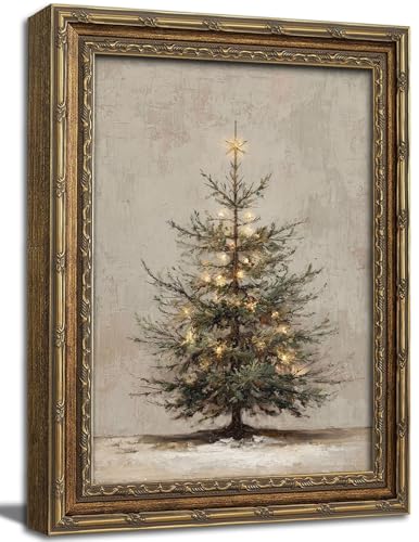Gold Framed Wall Art Vintage Christmas Tree Canvas Print Neutral Farmhouse Winter Holiday Decor Picture Rustic Fir Tree Artwork for Living Room Bedroom 9x11 inch