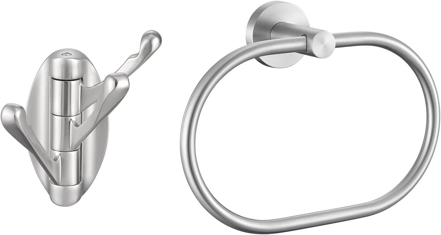 Angle Simple Foldable Robe Hook Bundle with Swivel Towel Ring (Brushed Nickel)