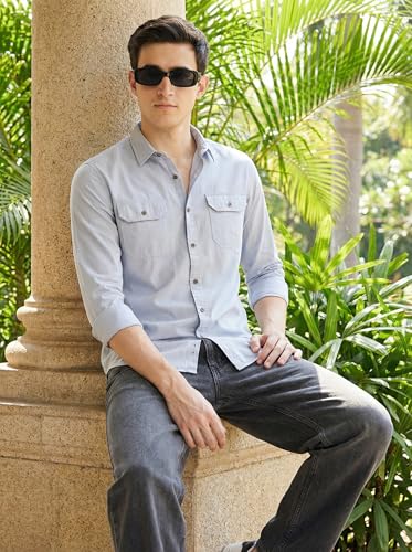 Image of IndoPrimo Men's Cotton Shirt with Stylish Flap Pockets Full Sleeves Spread Collared Neck Solid Pattern Western Style Classic Fit and Standard Length