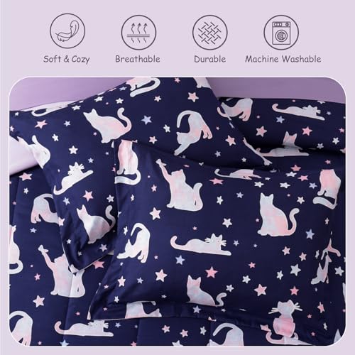 Full Size Comforter Set for Girls-4 Pieces Cat Patterns Full Bedding Set with 1 Comforter, 1 Decor Pillow &2 Pillow Shams