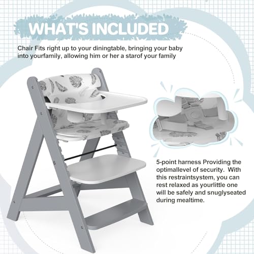 Image of HOMEKOL Wooden High Chair with Tray, Adjustable and Convertible for Babies and Toddlers, Water-Resistant Natural Wood, Ergonomic High Chair Grows with Kids, Grey