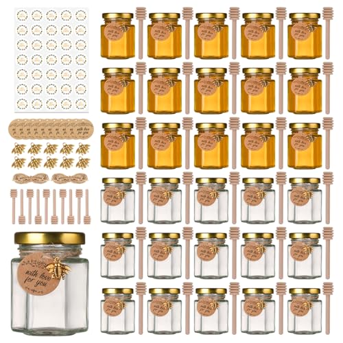 Mcupper 3 oz Mini Honey Jars with Dipper, 30 Pack Glass Hexagon Honey Jar