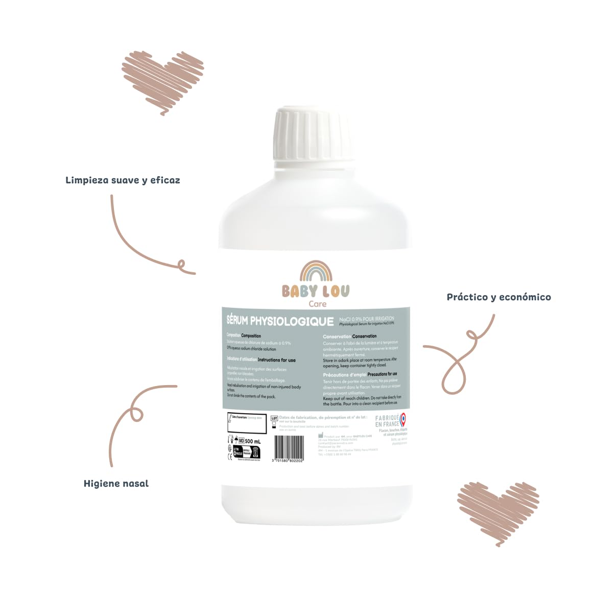 Suero fisiológico en botella 4x500ml | NaCl 0,9% | Fabricado en Francia | Lavado de fosas nasales | Higiene nasal | Para irrigación externa