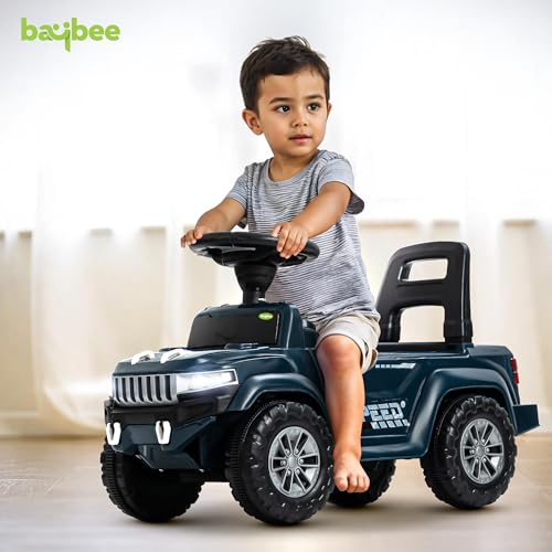 Image of Baybee Speedy Baby Ride on Car for Kids | Push Rideons Toys Car with Music & LED Light | Portable Ride on Jeep with Backrest & Storage Basket | Kids Car to Drive 1-3 Years Boys Girls (Navy Blue)