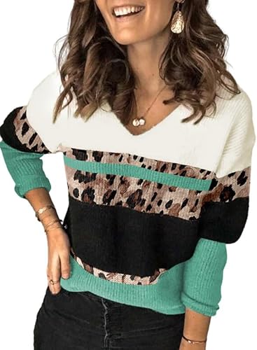 Dokotoo Womens Pullover Long Sleeve V Neck Knitted Sweater Color Block Leopard Print Sweaters For Women Oversized Loose Jumpers Tops Green Xx-Large cover