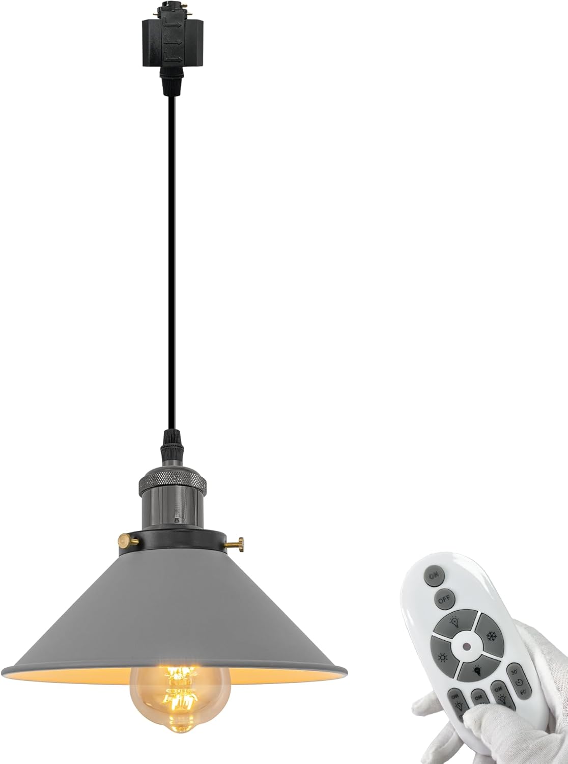 H-Type Track Pendant Light with 3.2 ft Cord Grey Metal Cone Shade Nordic Style Industrial Factory Pendant Lamp Track Lighting with Smart Edison Bulbs Timer for Kitchen Island, 8.7"