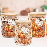 JarThenaAMCS 3Pcs Fall Thanksgiving Glass Storage Jars with Airtight Bamboo Lids 17oz Autumn Leaves Pumpkins Clear Food Storage Canisters for Home Kitchen Countertop Decoration