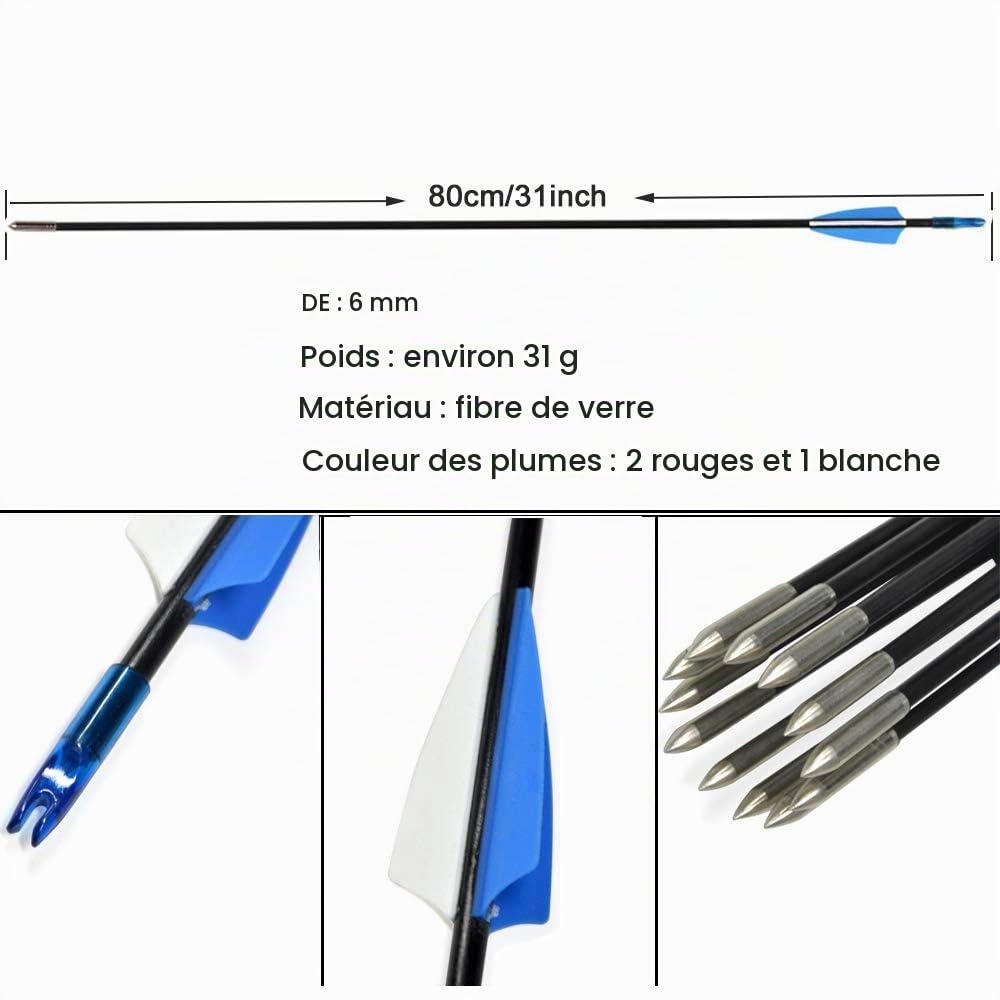 12pcs Flèches en Fibre de Verre 31 Pouces Flèches d'entraînement de Cible Spine 900 Flèches de Chasse avec Flèche Carquois pour 35 Lbs Arc Recourbé Arc Long Traditionnel