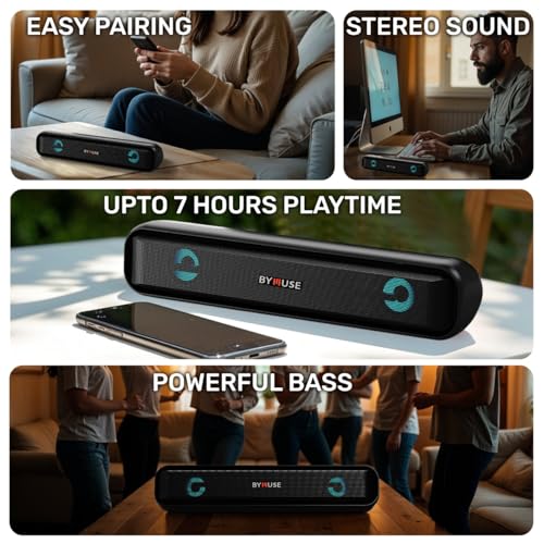 Image of Vibe Bluetooth Soundbar 30W Signature Sound Wireless Portable Speaker, Dual Passive Radiators, Up to 6hrs Playback,TWS, Call Function, Type-C Charging, USB, AUX Bluetooth Sound Bar, Black