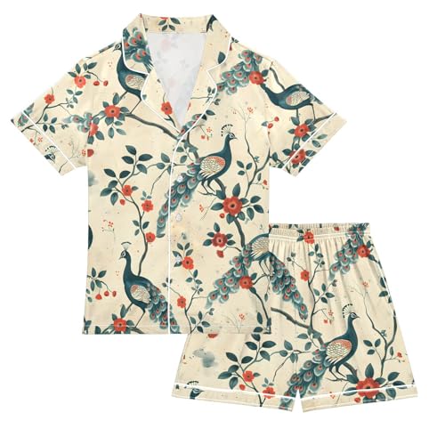 ALAZA Chinese Peacock Bird Pajamas Satin Pajama Set Short Sleeve Button Down Sleepwear