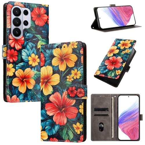 Étui portefeuille pour Samsung S26 avec motif hibiscus housse clapet en cuir