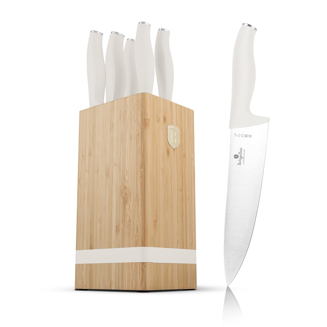 Berlinger Haus Lot de 6 couteaux en acier trempé inoxydable 3cr13 avec support en bambou/crème mat/collection Sahara
